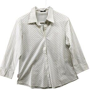 Allen Solly Button Up Shirt Womens XL 3/4 Sleeve Pale Yellow Grid Plaid Metallic